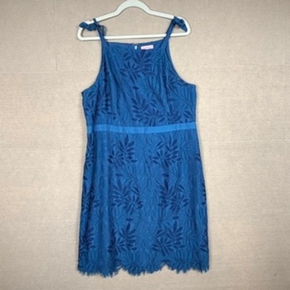 Lilly Pulitzer Teal Floral Lace Tie Shoulder Sheath Dress Size 16 Scallop Hem